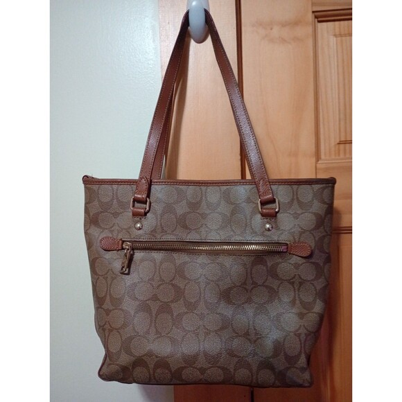 Coach Brown Tan Signature Coated Canvas Zip Top Tote Shoulder Bag F34603 - Picture 10 of 16